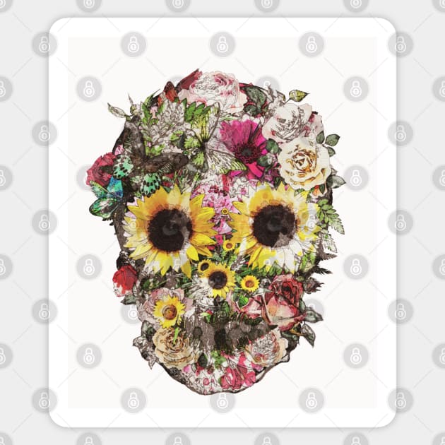 Botanic Skull with sunflowers, roses and butterblies, watercolor,colorfull nature floral Sticker by Collagedream